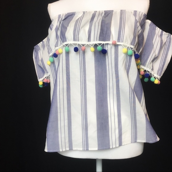 Promesa Navy Striped off the shoulder Pom Pom Top - Picture 3 of 7